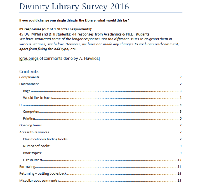 Work in progress - your comments, and my feed for Libary Survey 2016